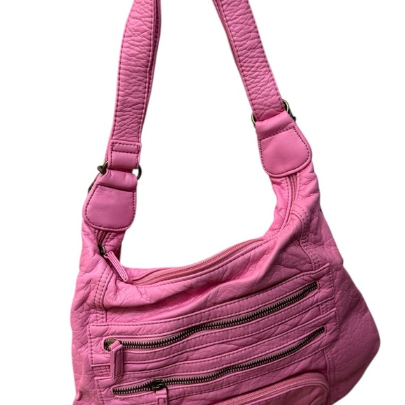 Ampere Handbags - Casual Pink Hobo Shoulder Bag with Pleated Design. Vegan Leather.